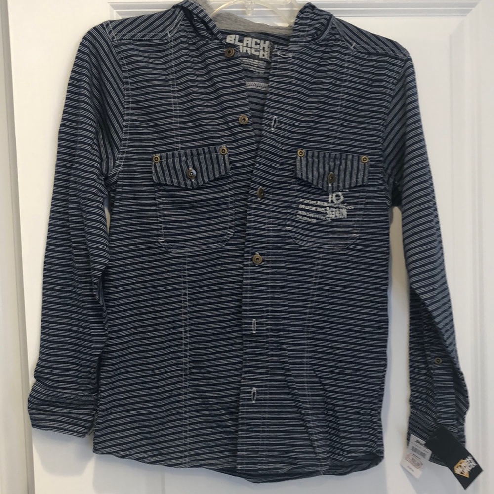 Black Jack Boys Blue/White Striped Button down Shirt with Hood NWT